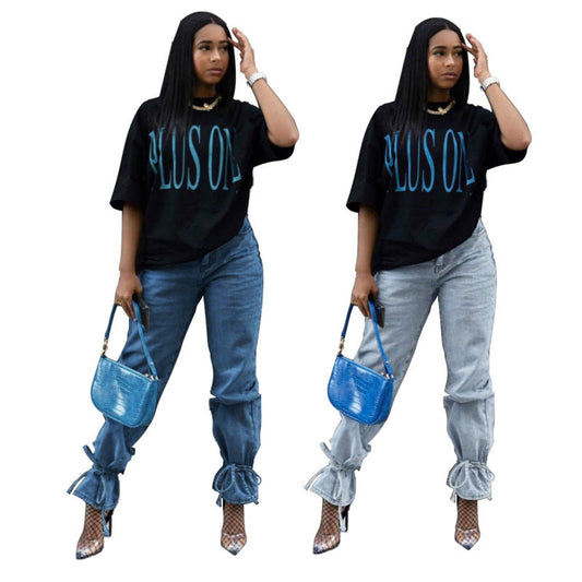 Women Casual Solid Color Ruffled Bandage Jeans