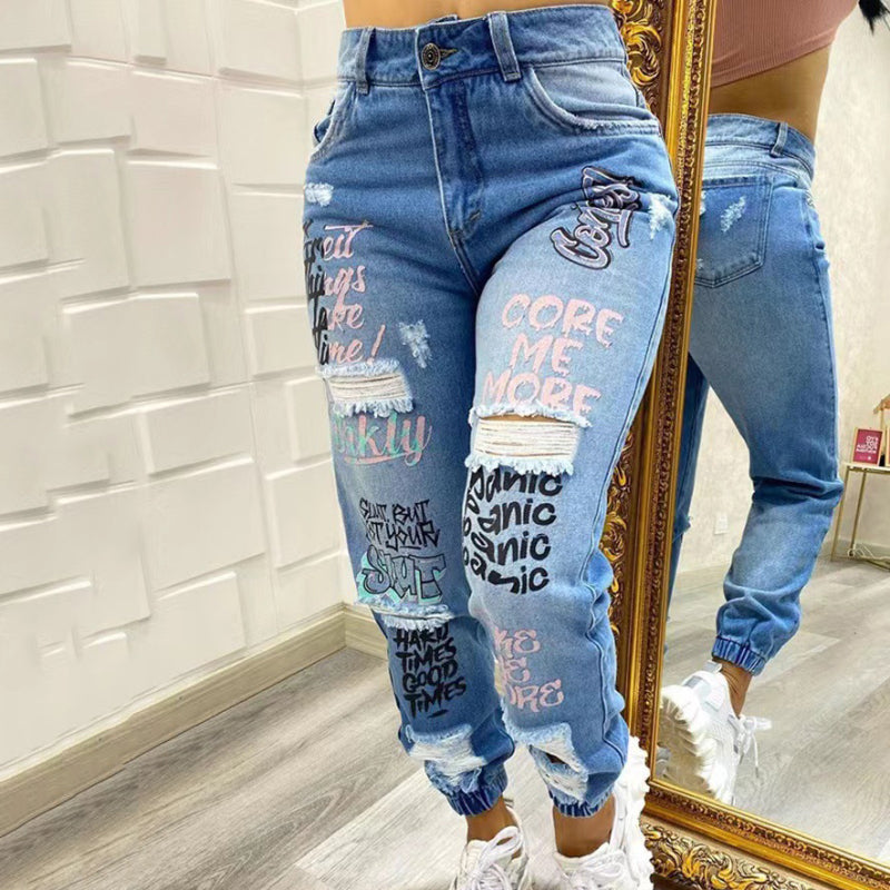 Women'S Fashion Casual Letter Printing Ripped Jeans