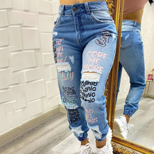 Women'S Fashion Casual Letter Printing Ripped Jeans