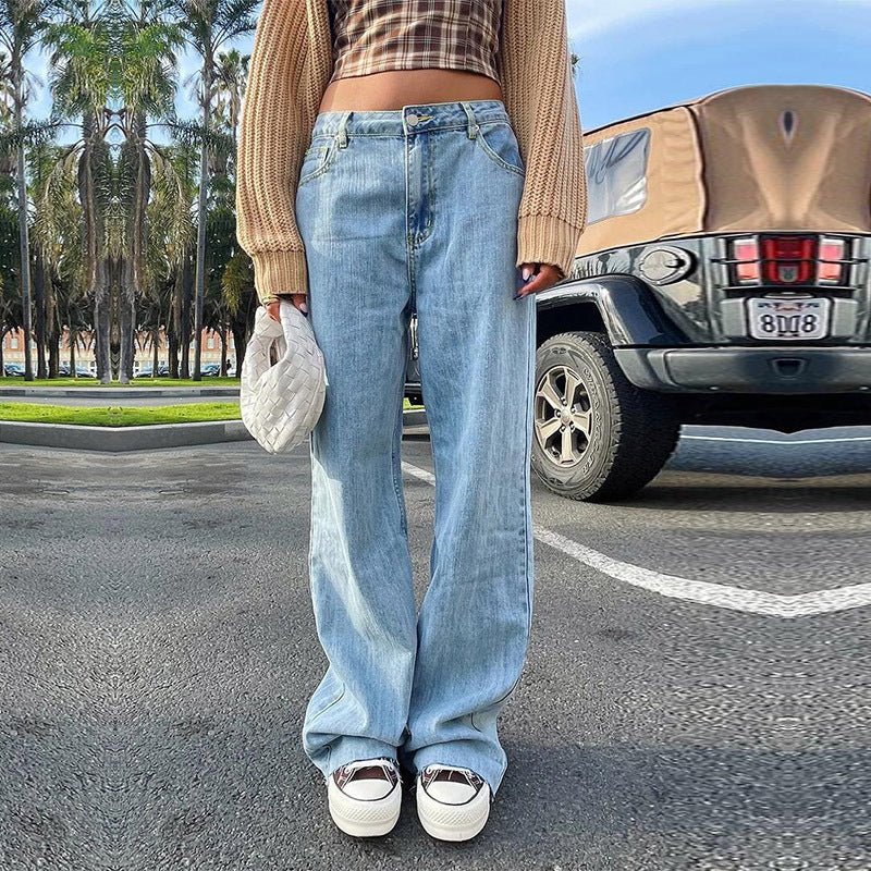 Women Denim Solid Color High Waist Loose Casual Fashion Straight Jeans