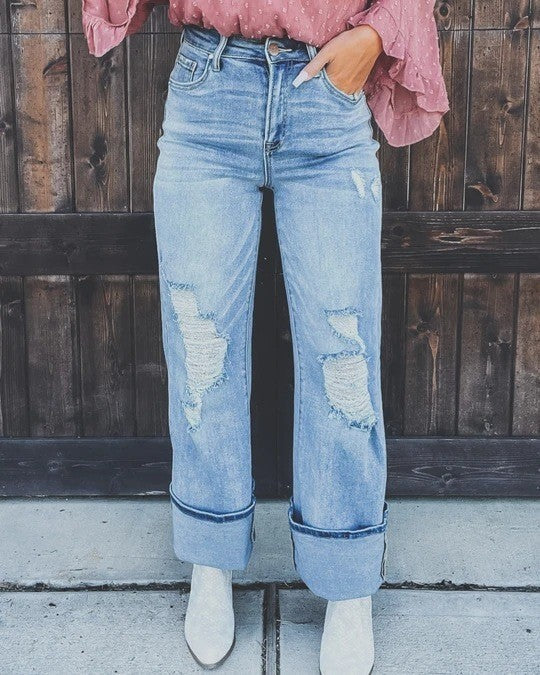 Casual Fashion Women Versatile High-Waist Loose Ripped Straight Jeans