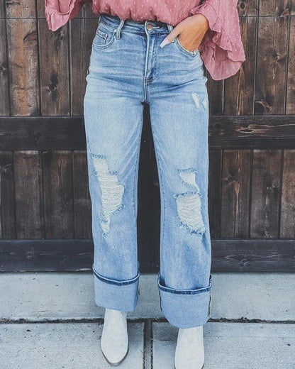 Casual Fashion Women Versatile High-Waist Loose Ripped Straight Jeans