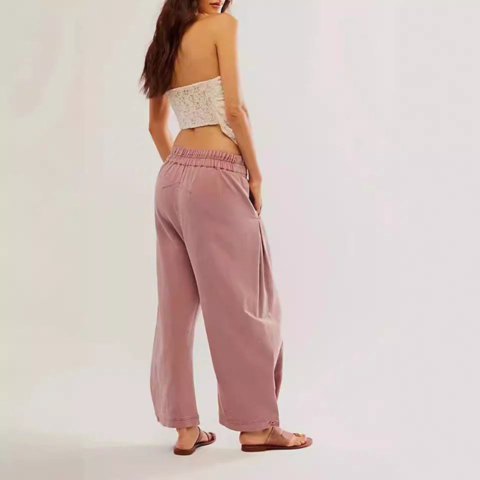 Women Fashion Casual Loose Solid Color Elastic Waisted Jeans
