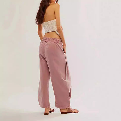 Women Fashion Casual Loose Solid Color Elastic Waisted Jeans