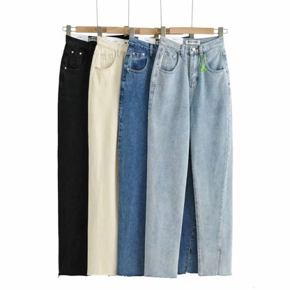 Women Fashion Casual Solid Color Defined Waist Denim Jeans