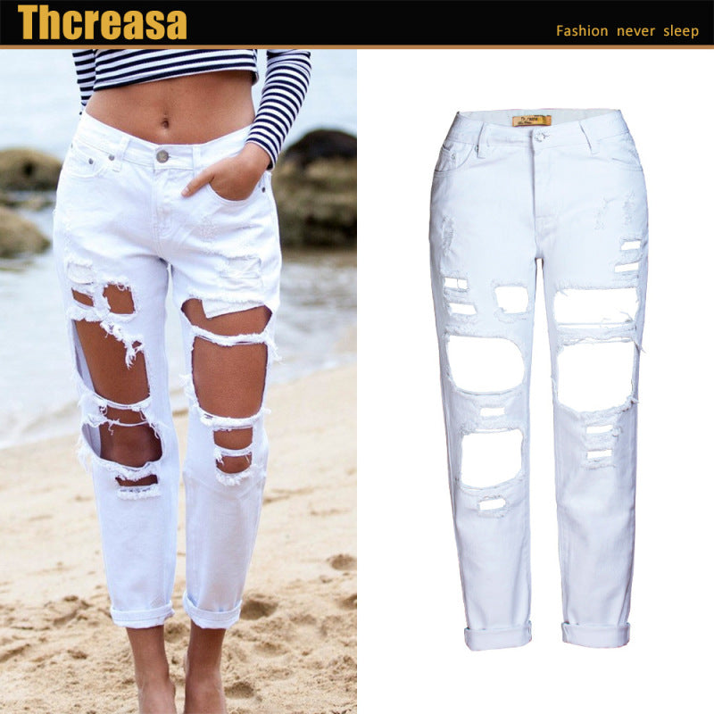 Women Fashion Casual Ripped Denim Straight Cropped Pants Jeans