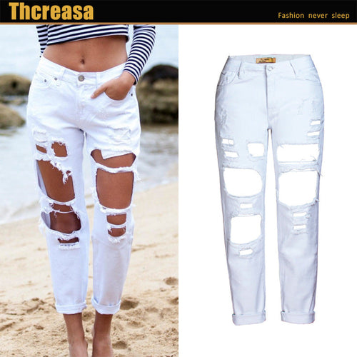Women Fashion Casual Ripped Denim Straight Cropped Pants Jeans