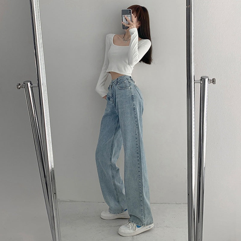 Women Fashion Casual Slant Buckle Irregular High Waist Straight Jeans