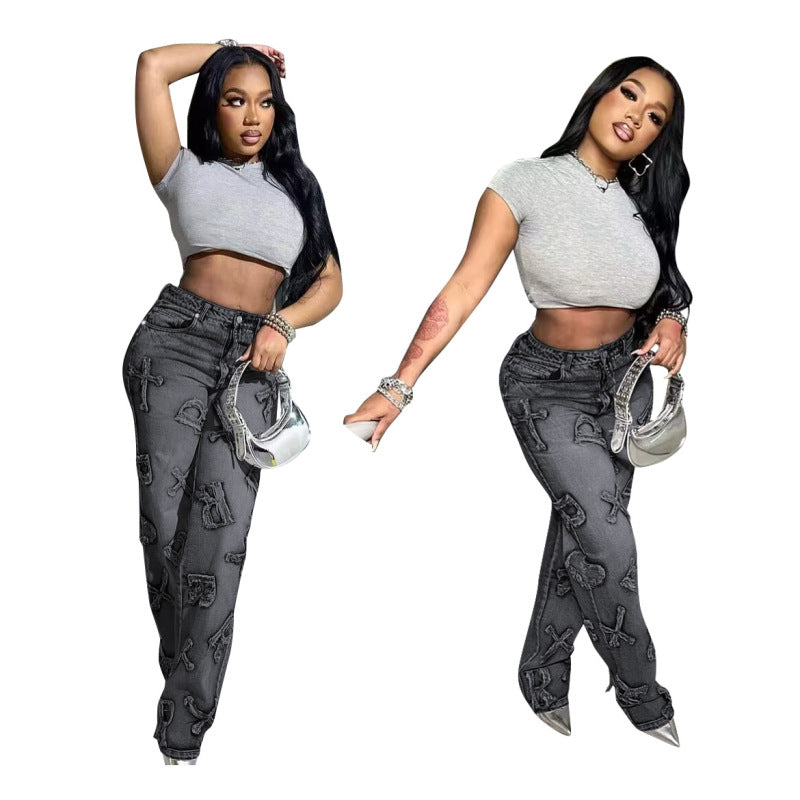 Women Fashion Casual Letter Straight Jeans