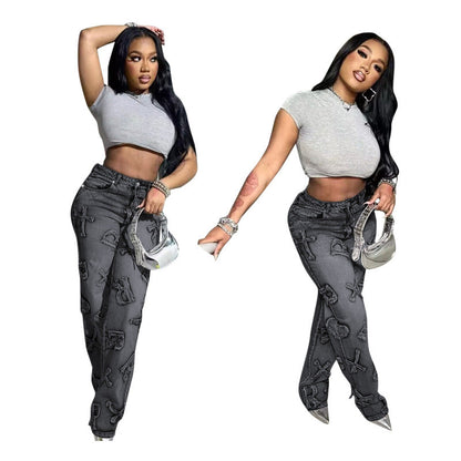 Women Fashion Casual Letter Straight Jeans