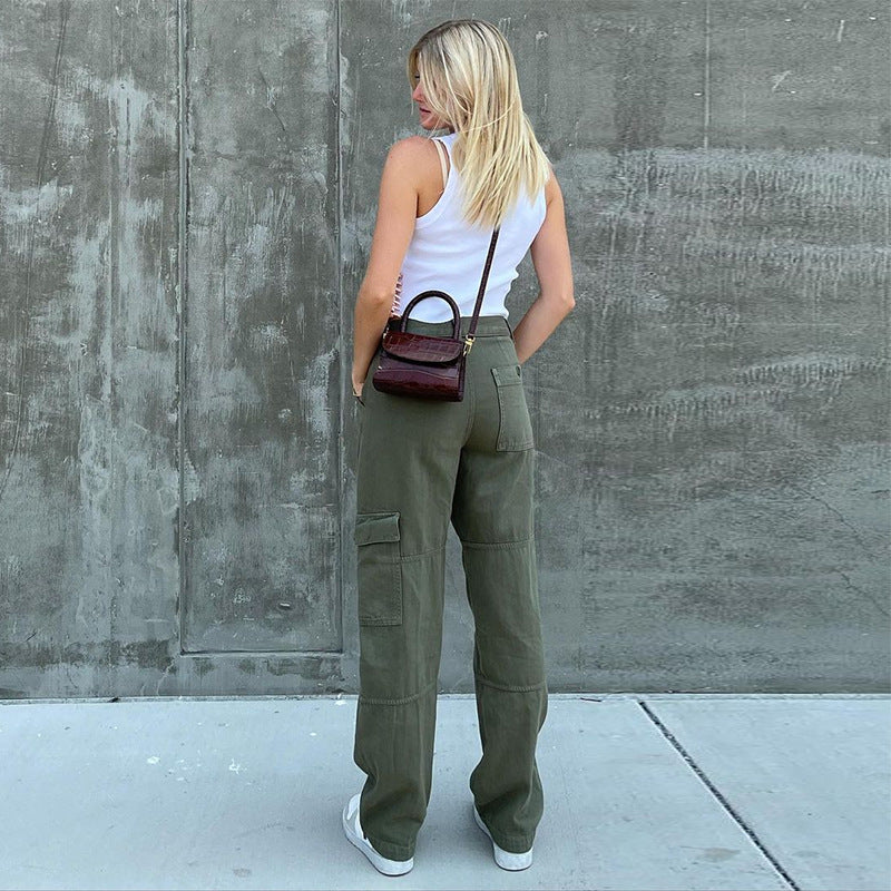 Women Solid Color Denim High Waist Pocket Casual Fashion Jeans Cargo Pants
