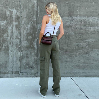 Women Solid Color Denim High Waist Pocket Casual Fashion Jeans Cargo Pants