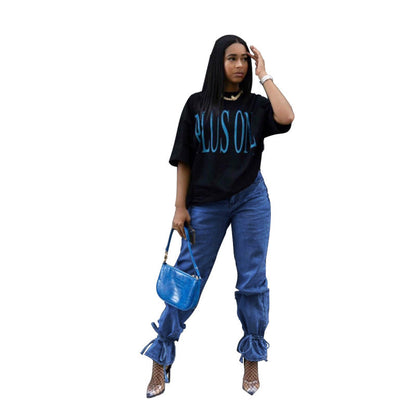 Women Casual Solid Color Ruffled Bandage Jeans