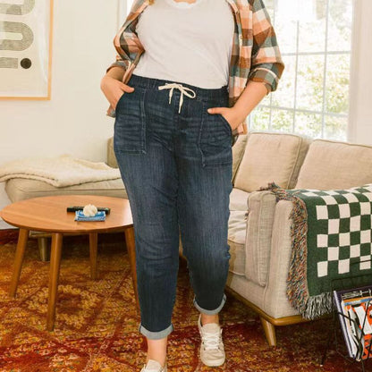 Women Casual Plus Size Real Pocket Stretch Washed Drawstring Jeans