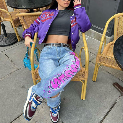 Women Edgy Casual Ripped Letter Printing Wide Leg Jeans