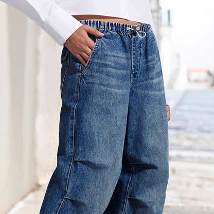 Women Fashion Casual Wide-Leg Pleated Loose Jeans