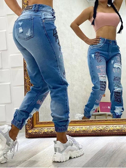 Women'S Fashion Casual Letter Printing Ripped Jeans