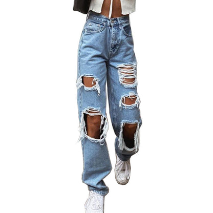 Women Fashion Casual Straight Leg Loose Ripped Jeans