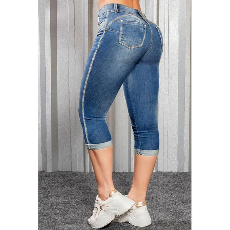 Women Casual Summer Slim Fit Washed Denim Cropped Pants Jeans