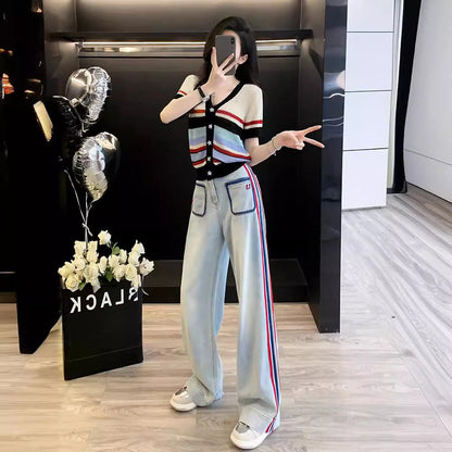 Women Fashion Casual Contrast Color Knitted Top Loose Straight Jeans Two-Piece Set