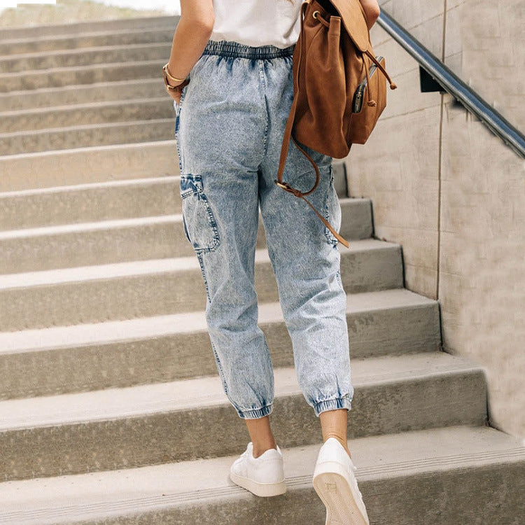 Women'S Fashion Casual Pocket Lace-Up Denim Jogger Jeans