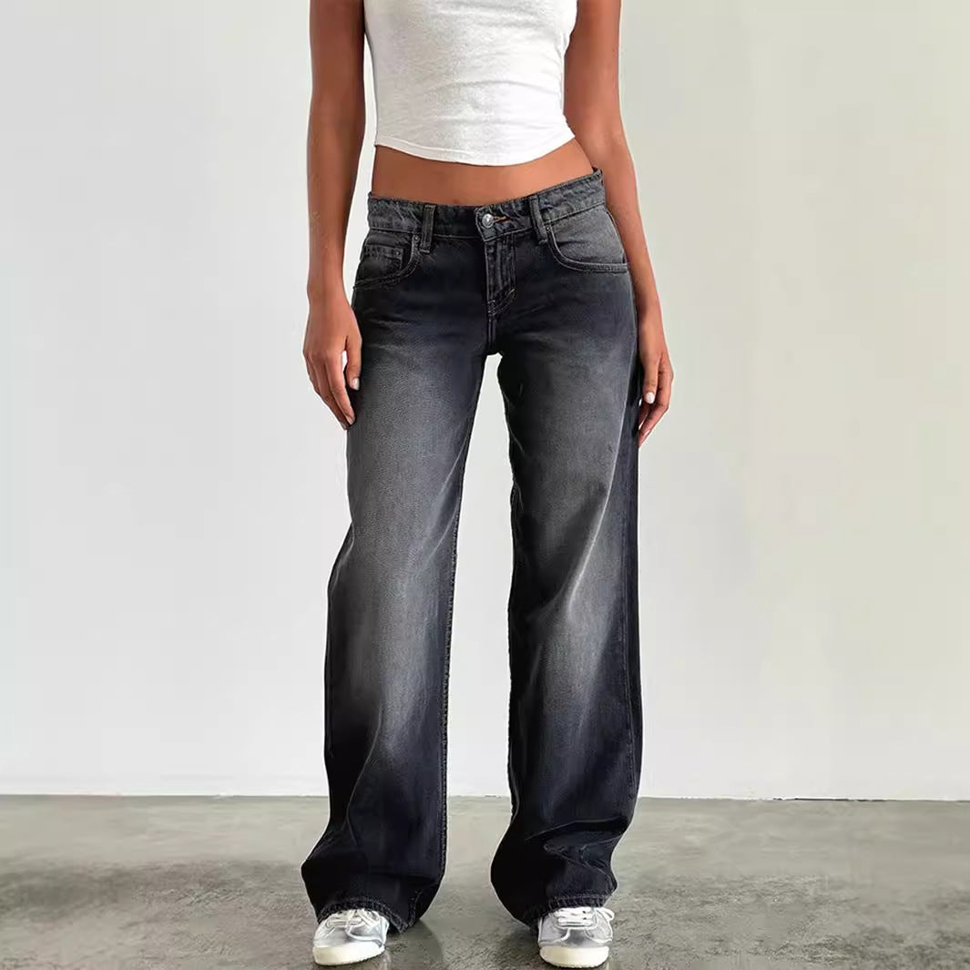 Women Fashion Casual Straight Wide Leg Jeans