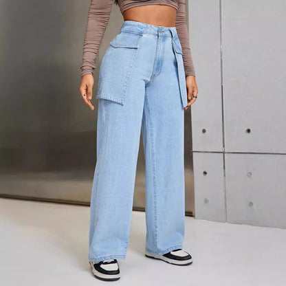Women Fashion Casual Wide Leg Large Pocket Jeans