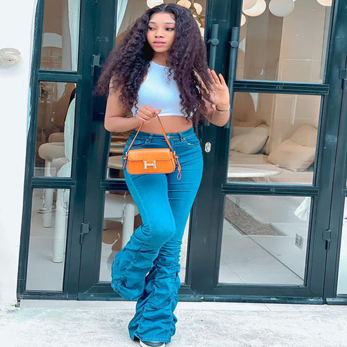 Women Fashion Casual Stretch Creased Flared Jeans