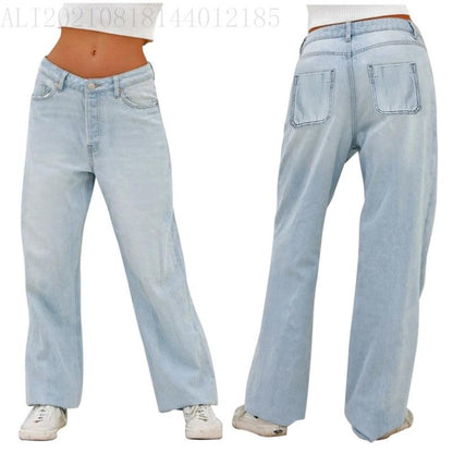Women Fashion Casual Solid Color Wide Leg Jeans