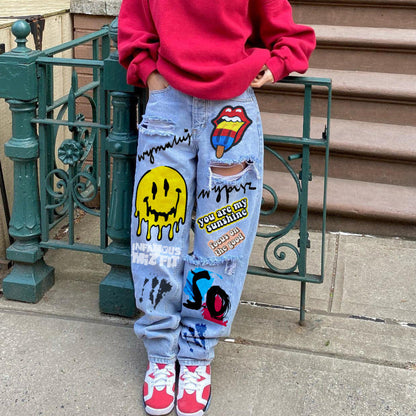 Women Casual Smiley Cartoon Print Ripped Jeans