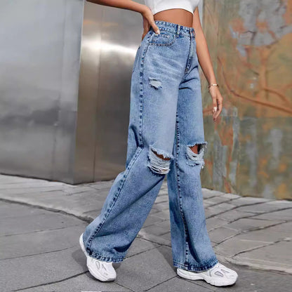 Women Fashion Casual High Waist Wide Leg Ripped Jeans
