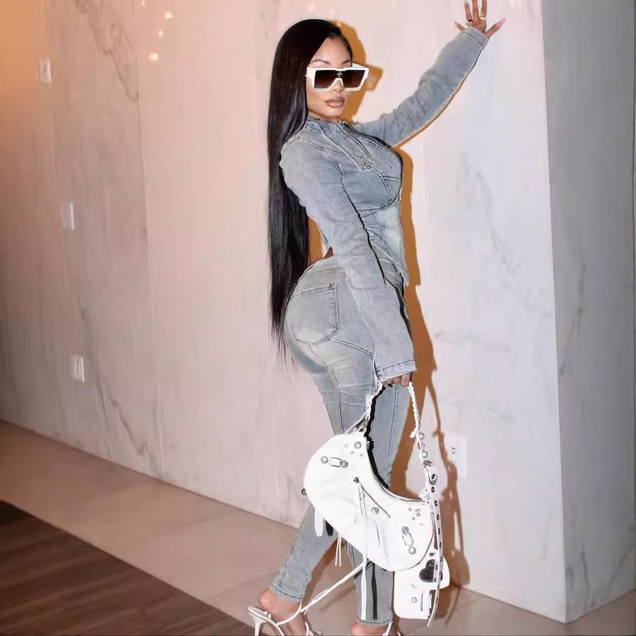 Women Fashion Casual Irregular Zipper Long Sleeve Top Tight Jeans Denim Two-Piece Set