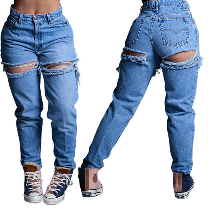 Women Casual Loose High Waist Ripped Jeans