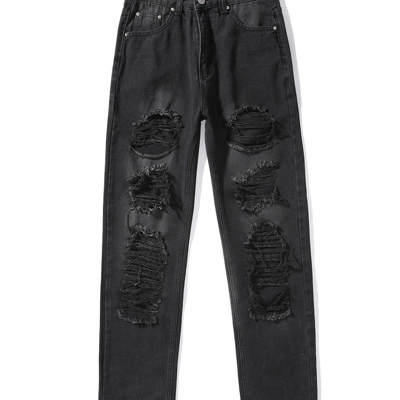 Women Denim High Waist Solid Color Ripped Casual Fashion Jeans