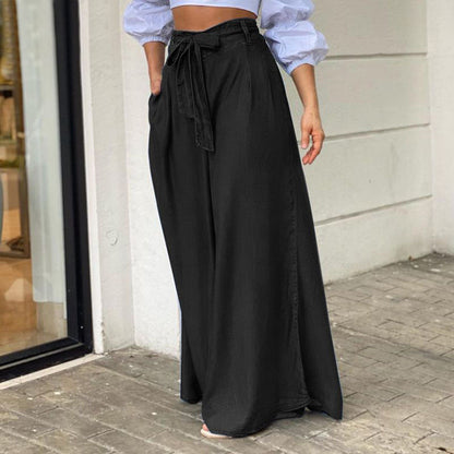 Women Elegant Lace-Up High Waist Wide Leg Pants Casual Plus Size Denim Pants Jeans