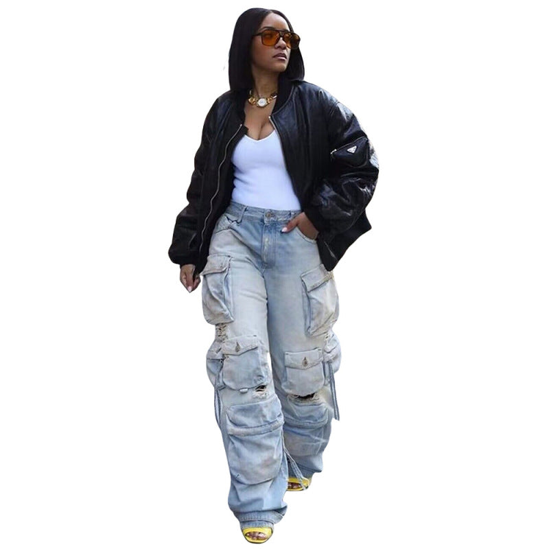 Women Fashion Multi-Pocket Casual Wide-leg Cargo Jeans