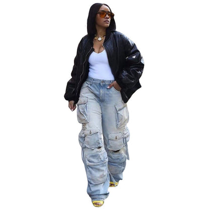 Women Fashion Multi-Pocket Casual Wide-leg Cargo Jeans