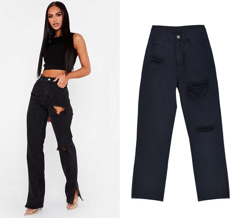 Women Fashion Casual Straight Ripped Jeans