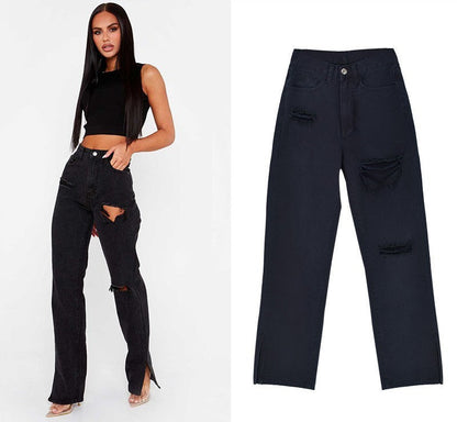 Women Fashion Casual Straight Ripped Jeans