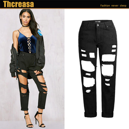 Women Fashion Casual Ripped Denim Straight Cropped Pants Jeans