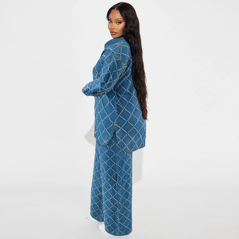 Women Fashion Casual Plaid Tassel Lapel Long Sleeve Top Loose Jeans Denim Two-Piece Set