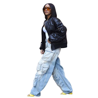 Women Fashion Casual High-Waist Multi-Pockets Jeans
