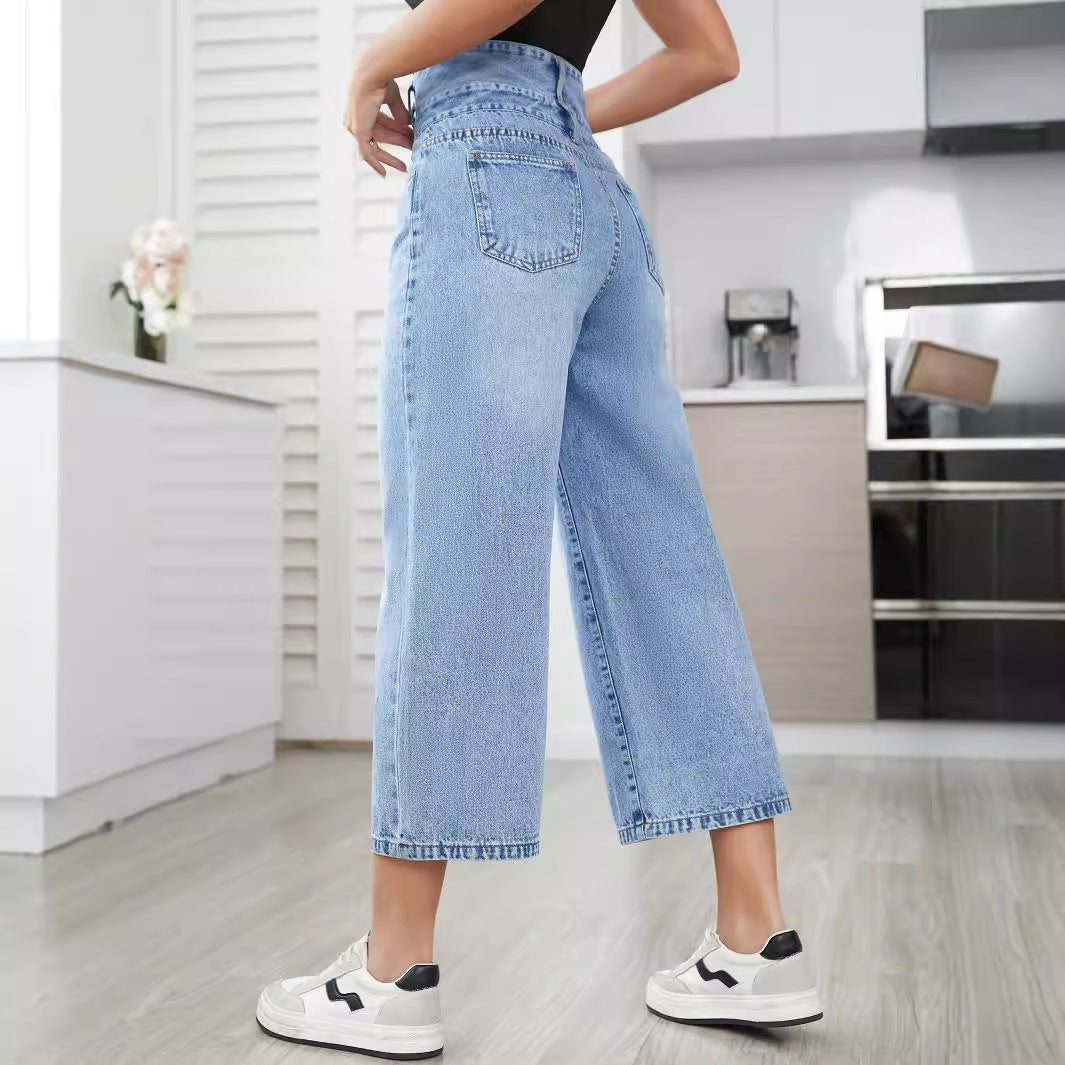 Women Fashion Casual High Waist Straight Jeans