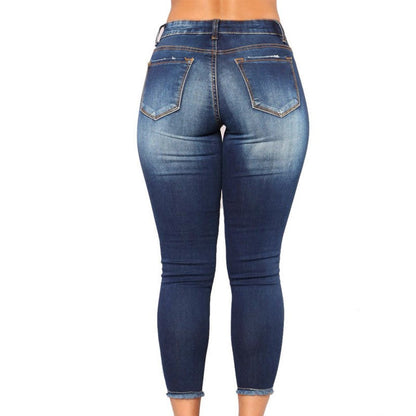 Women Casual Mid-Waist Stretchly Ripped Skinny Jeans