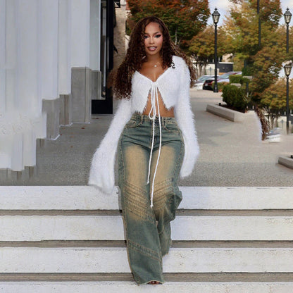 Women Fashion Casual Retro High Waist Stitching Loose Jeans
