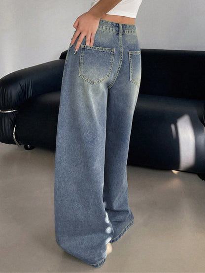 Women Fashion Casual Loose Wide-Leg Ripped Jeans