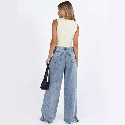 Women Fashion Casual Solid Color Loose Jeans