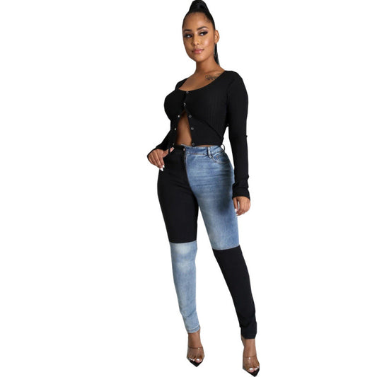 Women Casual Color Blocking Patchwork Skinny Jeans