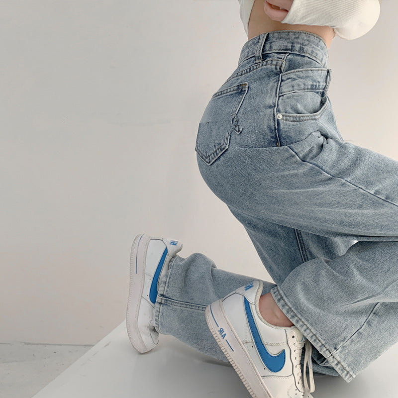 Women Casual Solid Color Wide Leg Jeans