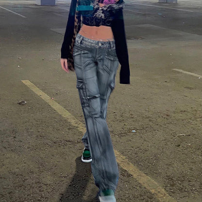 Women Vintage Low Waisted Patchwork Pockets Casual Jeans Cargo Pants